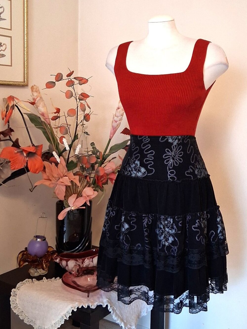 Preowned High Quality Beautiful Floral Ruffle Tiered A-line Flared Lined Skirt